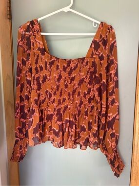 Smocked Square-Neck Long Sleeve Top - Rust Pink Print